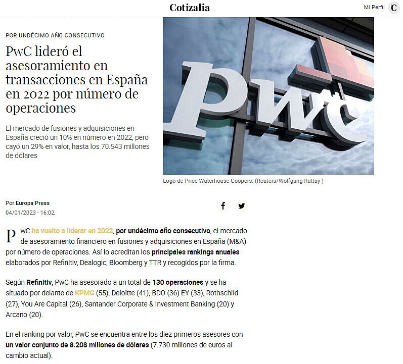 PwC lider el asesoramiento en transacciones en Espaa en 2022 por nmero de operaciones